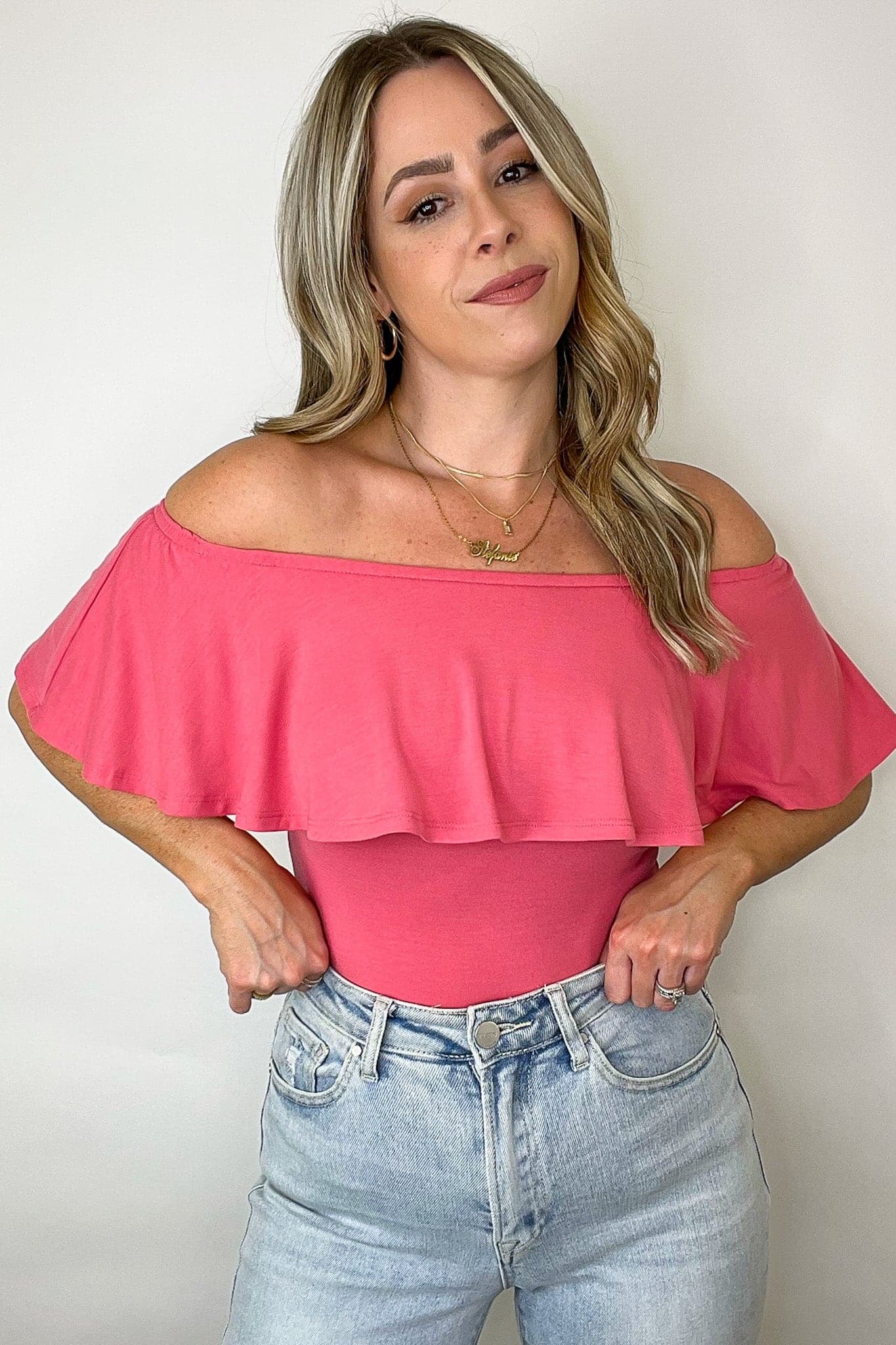 Desert Rose / S Charmed Away Ruffle Flounce Off Shoulder Bodysuit - FINAL SALE - Madison and Mallory