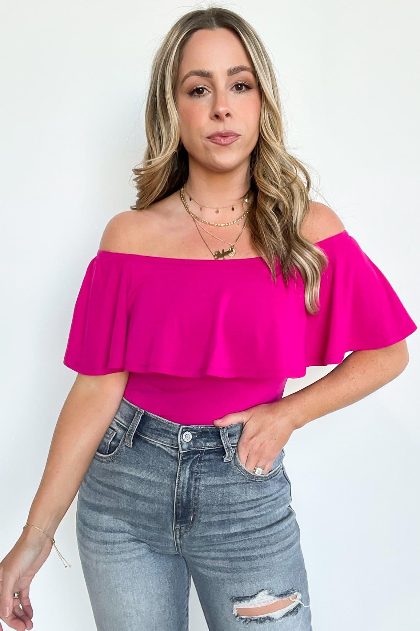 Charmed Away Ruffle Flounce Off Shoulder Bodysuit - FINAL SALE - Madison and Mallory