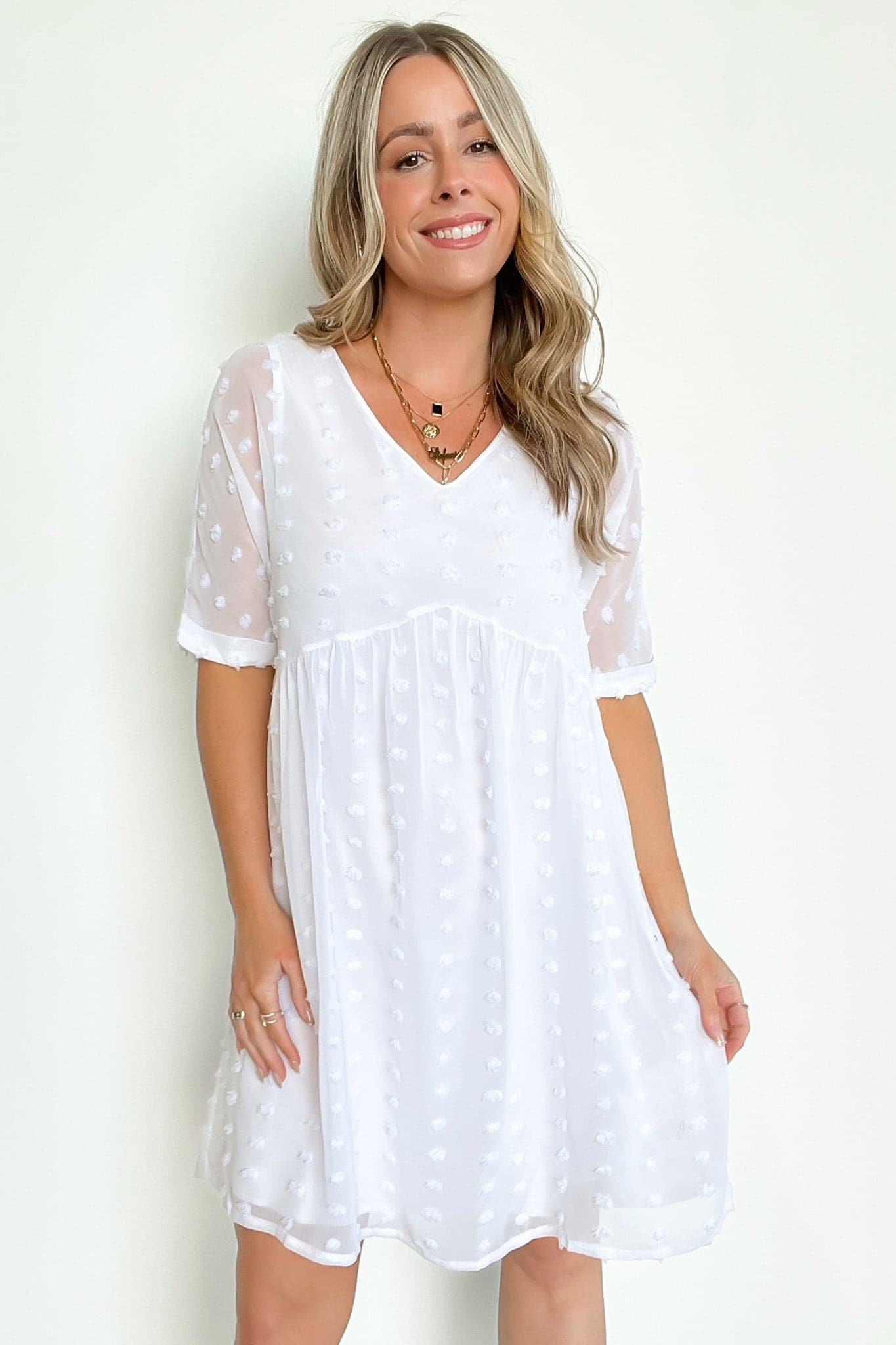 White / S Flatter Much V-Neck Swiss Dot Dress | CURVE - FINAL SALE - Madison and Mallory