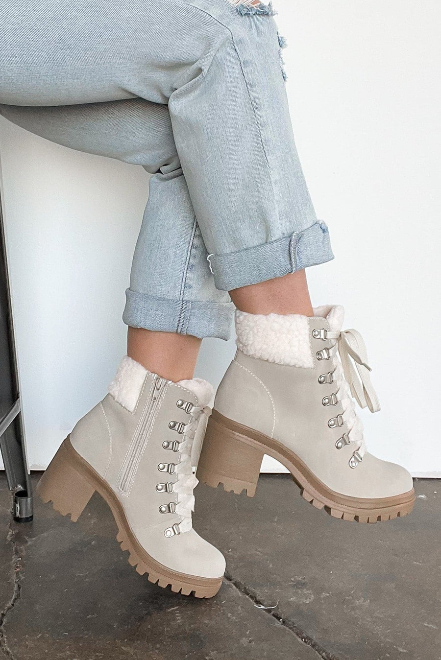 Sand / 5 In Step Sherpa Heeled Boots - FINAL SALE - Madison and Mallory