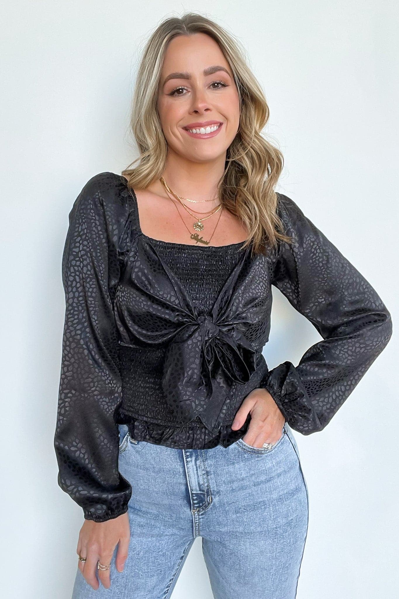 Kamali Smocked Satin Tie Front Top - FINAL SALE - Madison and Mallory