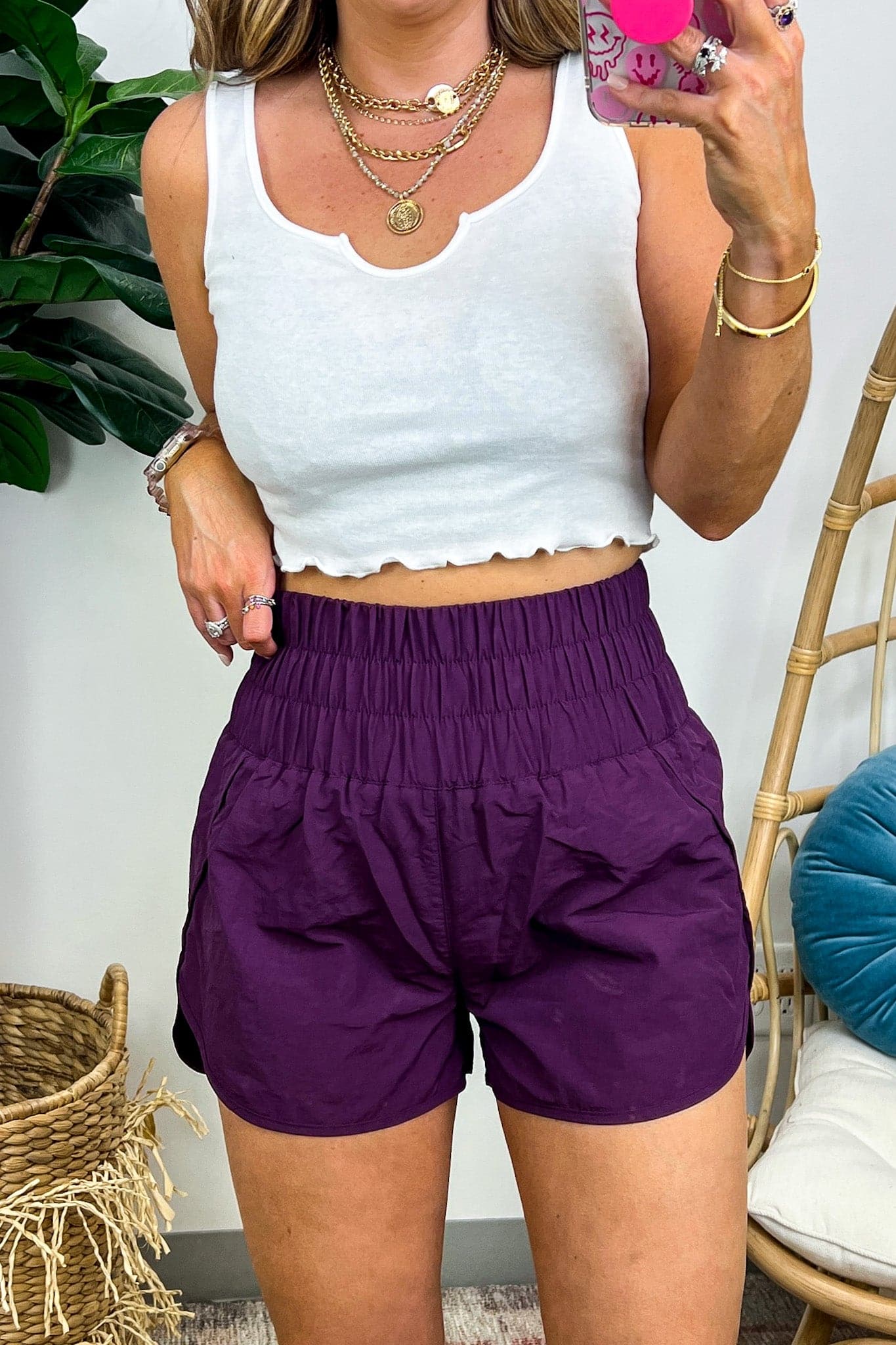 Eggplant / S Running Errands High Waist Smocked Waist Shorts - FINAL SALE - Madison and Mallory