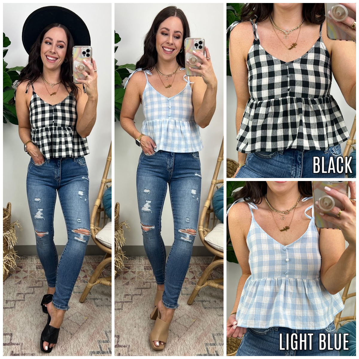 Sunniva Gingham Peplum Tie Strap Tank Top - FINAL SALE · Madison +