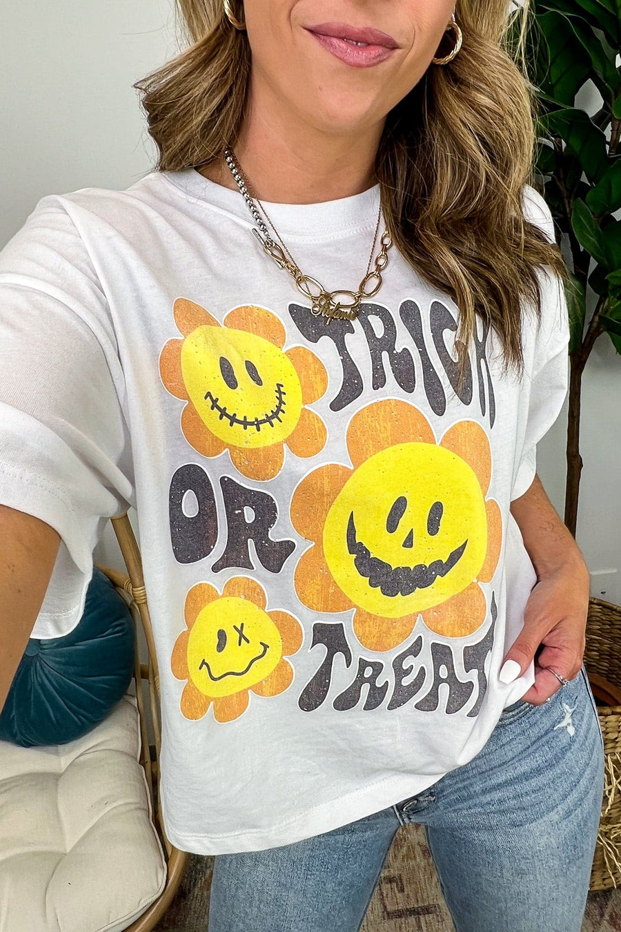 S / White Trick or Treat Relaxed Graphic Tee - FINAL SALE - Madison and Mallory