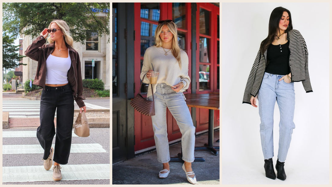 Three barrel jeans outfits: black barrel jeans with a brown jacket and sneakers, pale wash jeans with a cream sweater and flats, and light wash barrel jeans with a striped cardigan and ankle boots