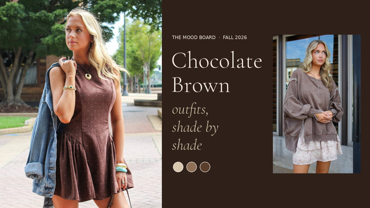 Chocolate Brown outfits, shade by shade: a brown polka dot mini dress with a denim jacket and a mocha oversized pullover on city streets