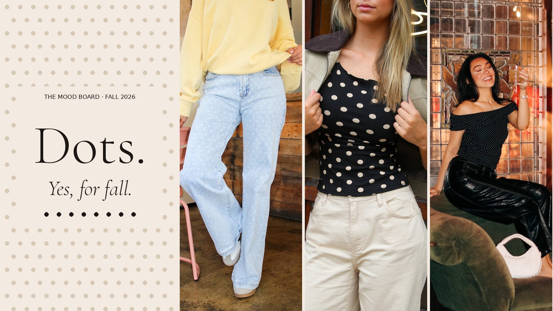 Polka dots for fall: light wash polka dot wide-leg jeans with a yellow sweatshirt, a black polka dot boat neck top with cream trousers, and a black micro dot off-the-shoulder top with leather pants