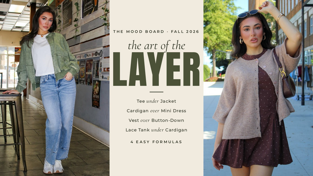 How to layer outfits for fall: olive fleece jacket over a white tee with jeans, and a mocha cardigan over a brown mini dress