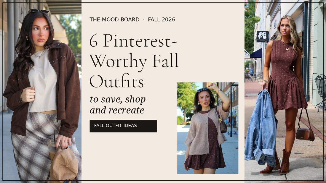 6 Pinterest-Worthy Fall Outfits banner: a brown suede jacket with a plaid skirt, a taupe cardigan over a dotted dress, and a brown dotted mini dress with boots on a city street