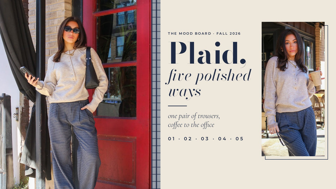 Plaid pants outfits: navy gray plaid trousers with a heather beige henley, styled two ways