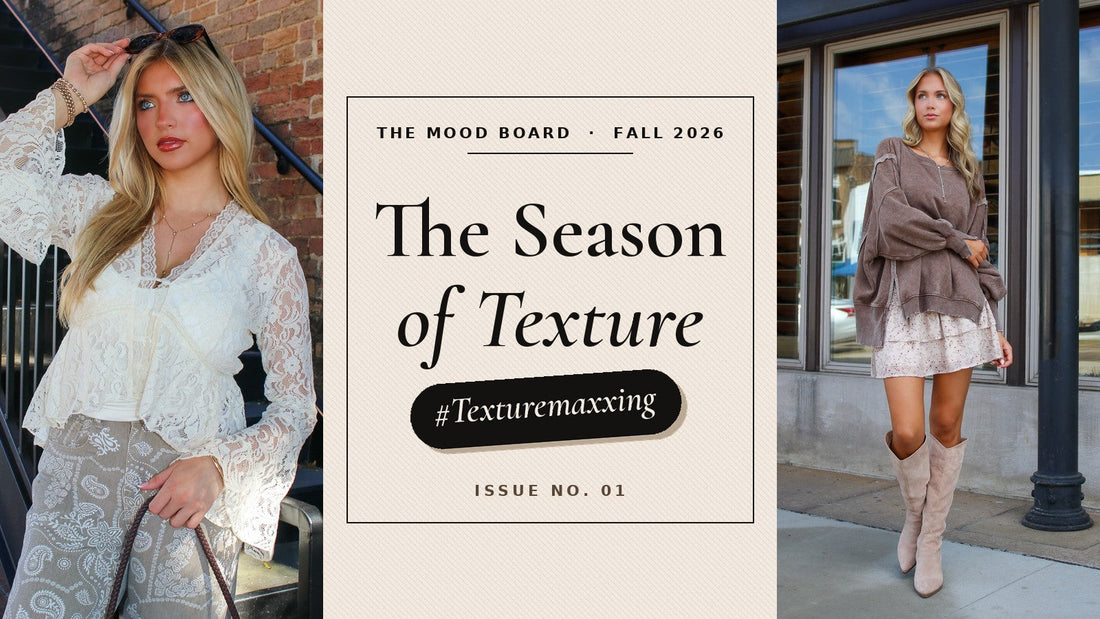 The Season of Texture, fall 2026 sweater trends from The Mood Board: a cream lace bell sleeve cardigan and a brown oversized pullover with a floral mini skirt and tall suede boots, framing a #Texturemaxxing title card