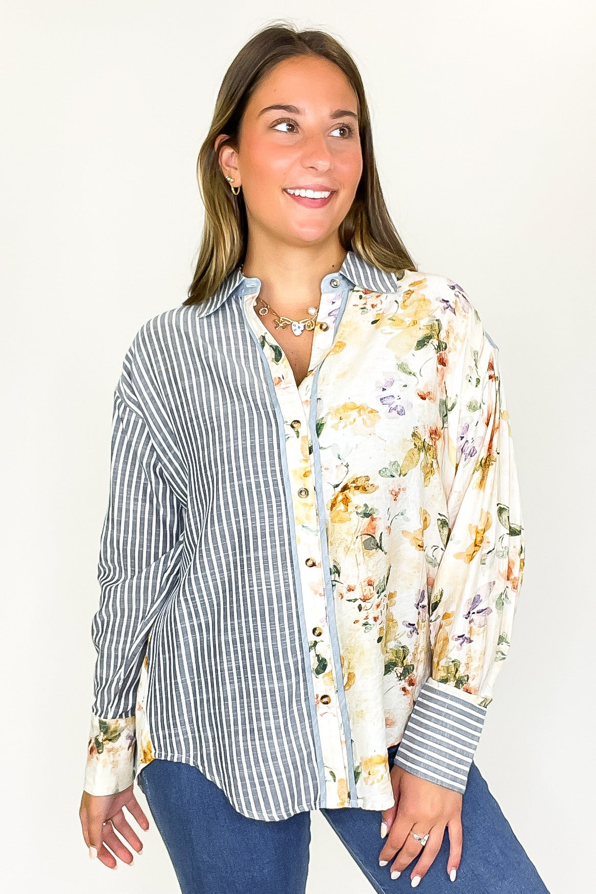Garden Lines Relaxed Fit Long Sleeve Striped And Floral Top - Madison and Mallory