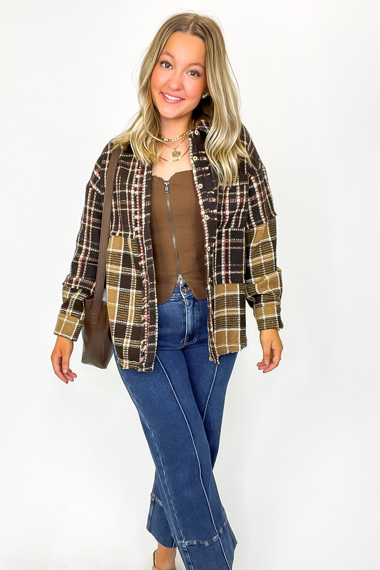 Choco / S Notoriously Cool Mixed Plaid Oversized Shacket - Madison and Mallory