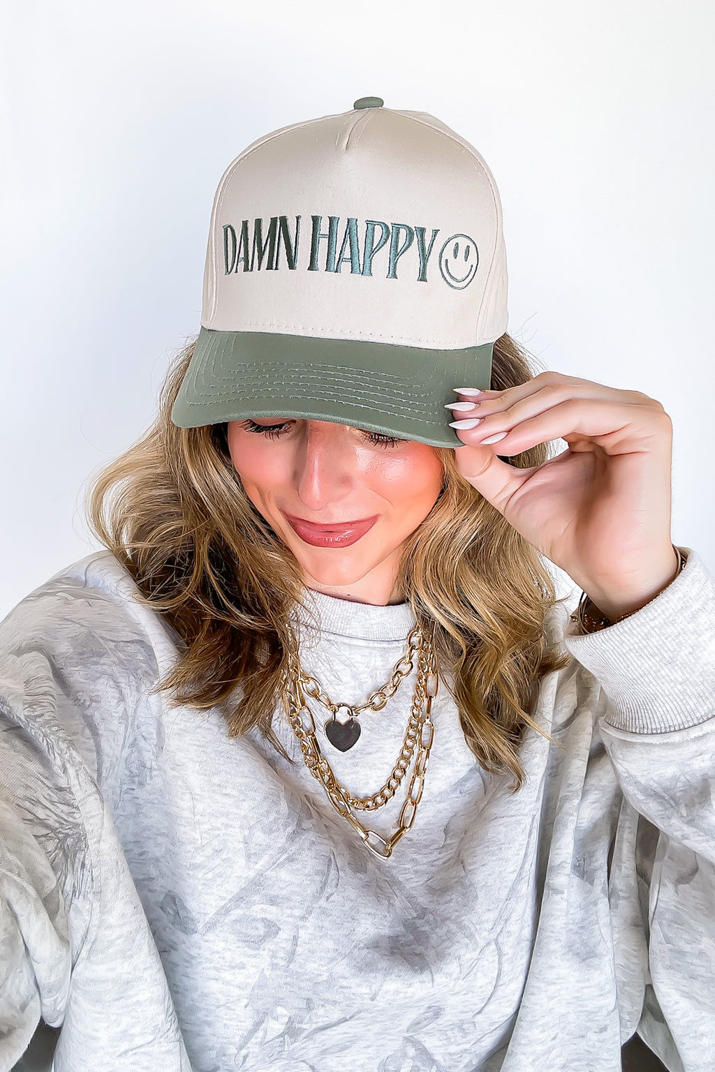 Sage/Natural DAMN HAPPY Graphic Snapback Hat - Madison and Mallory