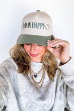Sage/Natural DAMN HAPPY Graphic Snapback Hat - Madison and Mallory