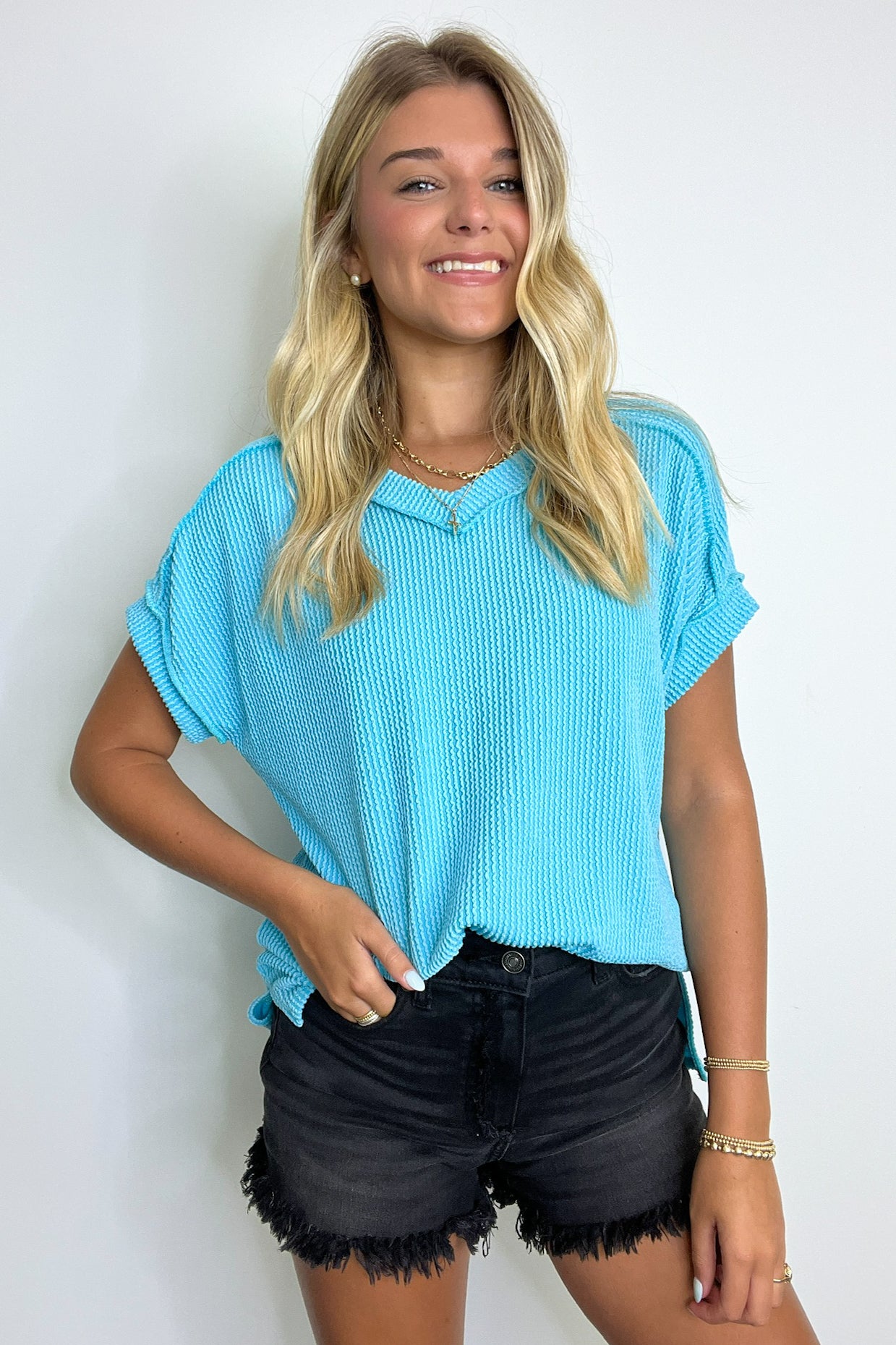 Turquoise / S Maribeth Rib Knit Short Sleeve Top - BACK IN STOCK - Madison and Mallory