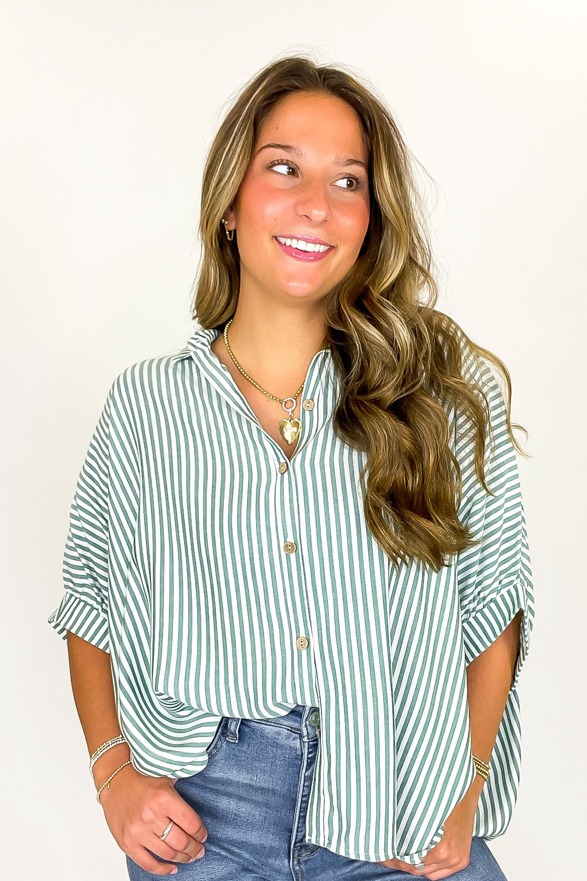 Hunter Green / SM JoJo Striped Button Down Relaxed Top - BACK IN STOCK - Madison and Mallory