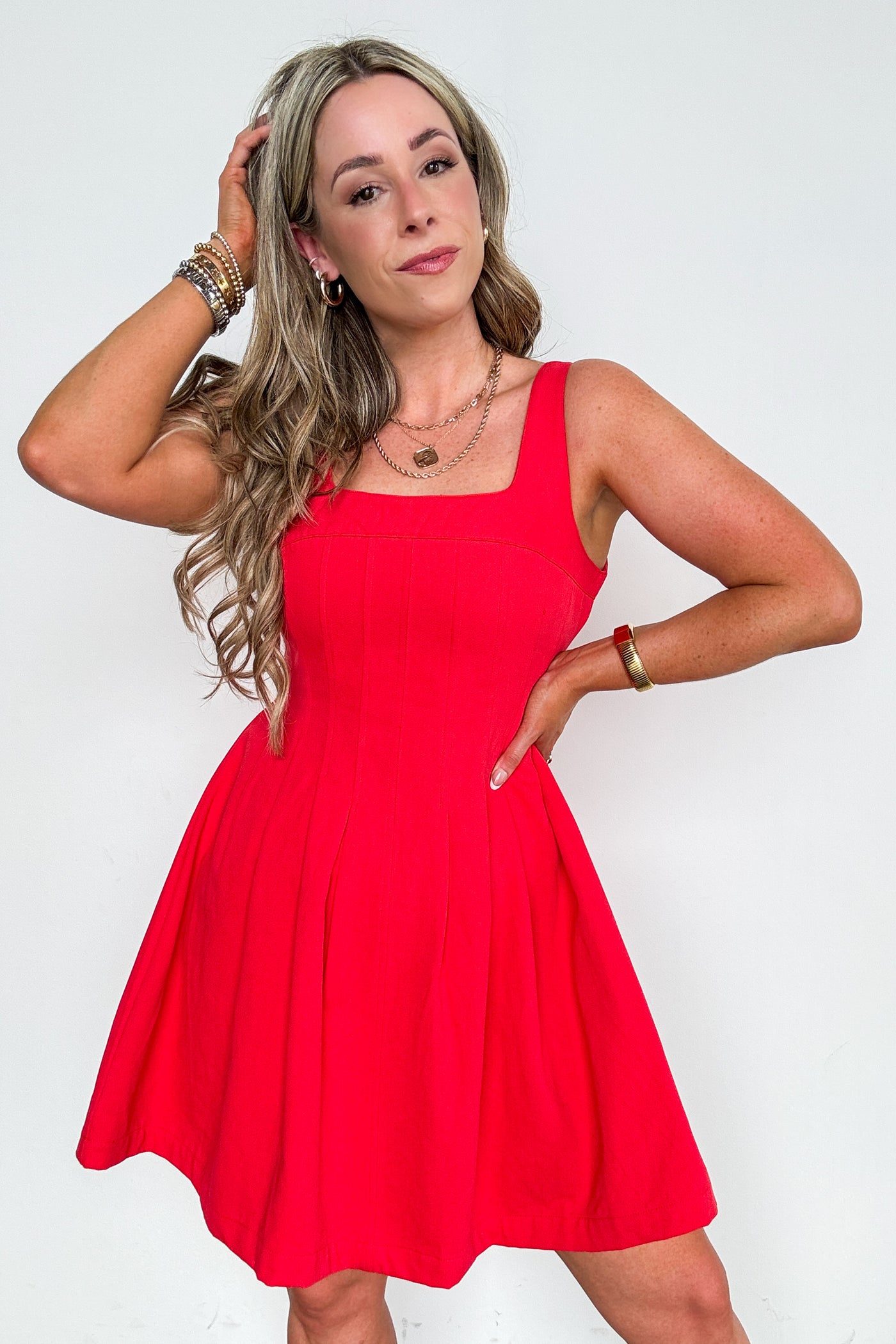 Lovely Boldness Fit And Flare Pleated Detail Sleeveless Dress - Madison and Mallory