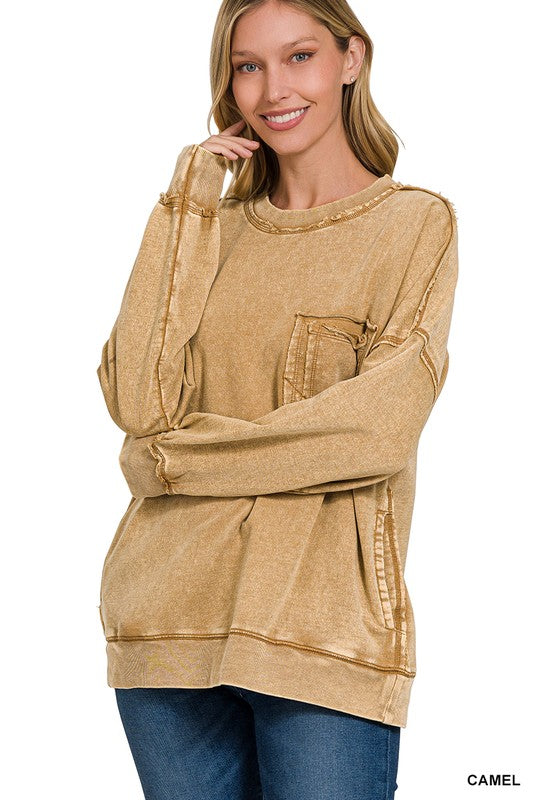 Daily Cozy Acid Wash Raw Edge Pullover - BACK IN STOCK