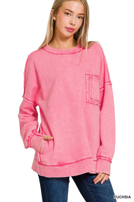 Daily Cozy Acid Wash Raw Edge Pullover - BACK IN STOCK