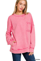 Daily Cozy Acid Wash Raw Edge Pullover - BACK IN STOCK