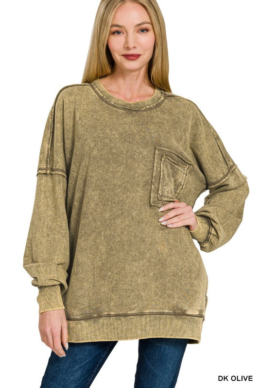 Daily Cozy Acid Wash Raw Edge Pullover - BACK IN STOCK