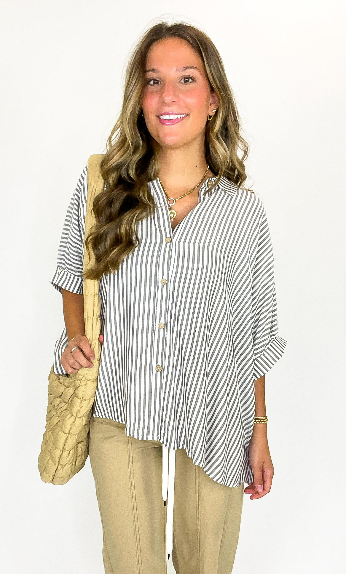 Brown / SM JoJo Striped Button Down Relaxed Top - BACK IN STOCK - Madison and Mallory