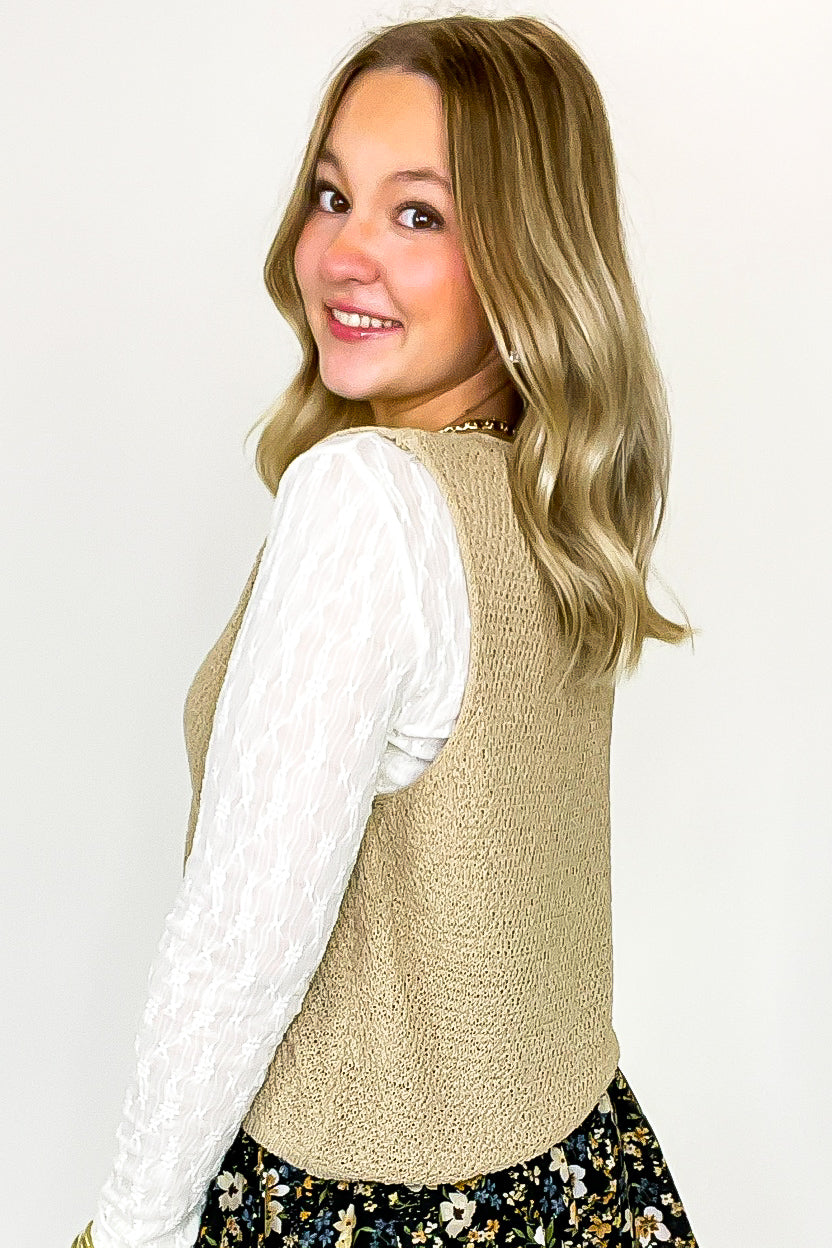 Woven Frame V-Neck Front Button Crochet Knit Vest - Madison and Mallory