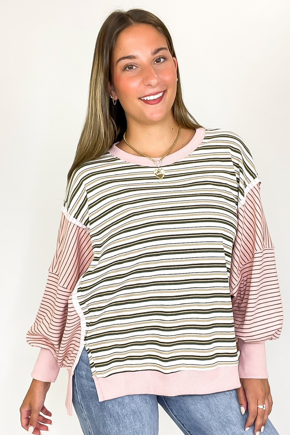 Oatmeal/Pink / S Reverse Vibe Stripe Mixed Cut Edge Top - Madison and Mallory
