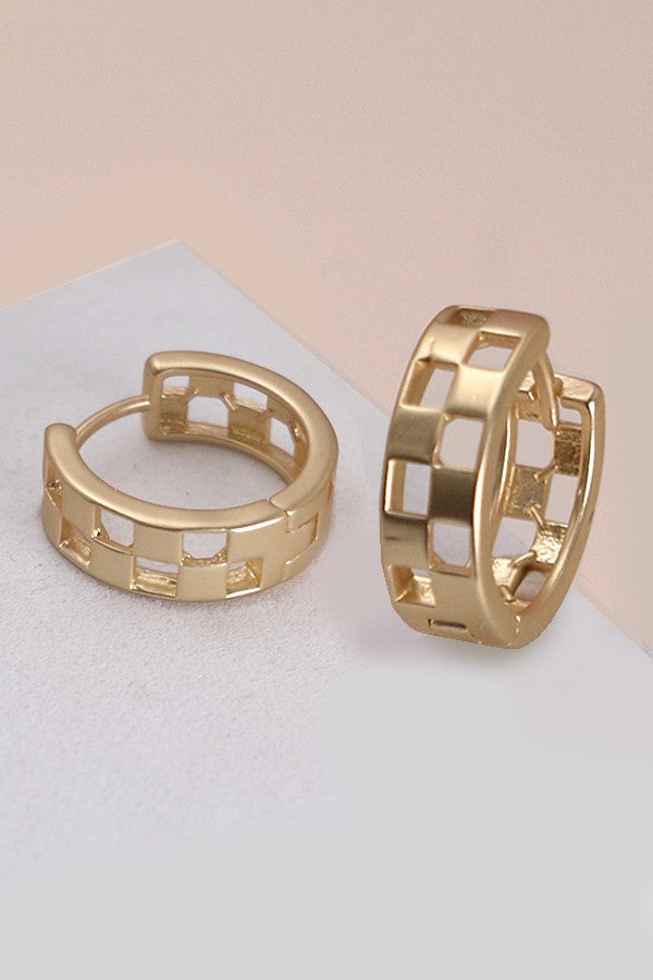 Gold Checkered Cutout Huggie Hoop Earrings - Madison and Mallory