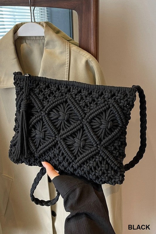 Black Effortless Reputation Boho Tassel Crochet Bag - Madison and Mallory