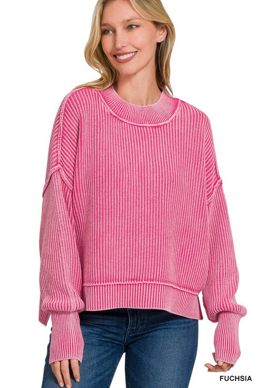 Fuchsia / SM Tara Washed Side Slit Knit Sweater - BACK IN STOCK - Madison and Mallory