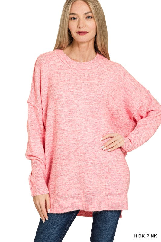Heather Dark Pink / SM Soft Horizon High Low Hem Pocket Sweater - BACK IN STOCK - Madison and Mallory
