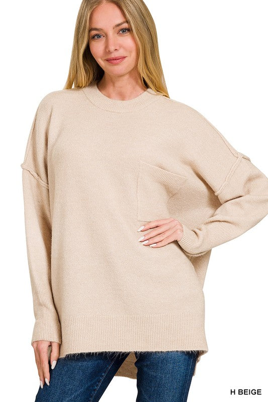 Heather Beige / SM Soft Horizon High Low Hem Pocket Sweater - BACK IN STOCK - Madison and Mallory