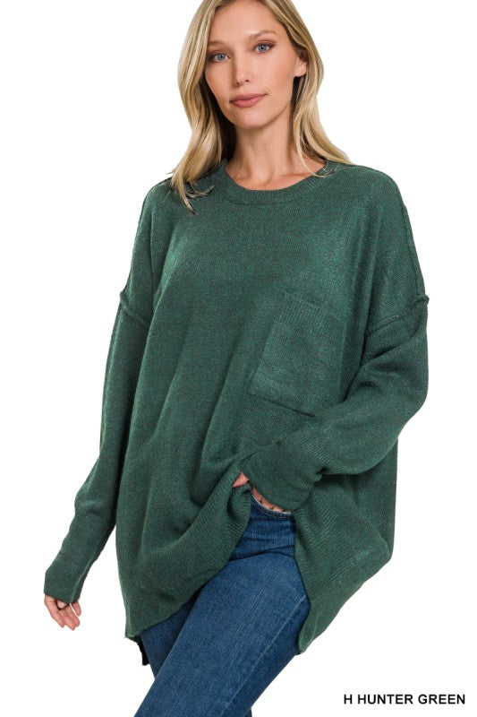 Heather Hunter Green / SM Soft Horizon High Low Hem Pocket Sweater - BACK IN STOCK - Madison and Mallory