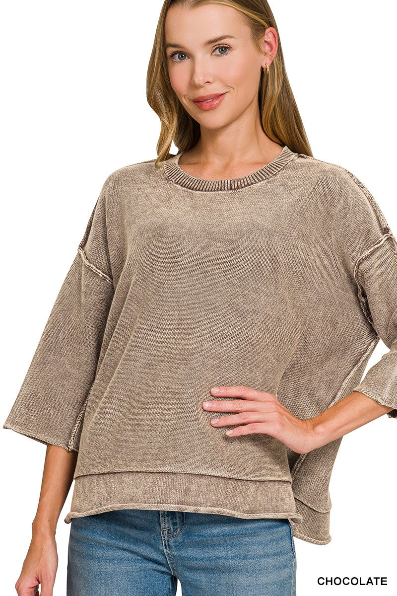 Cozy Fade Washed 3/4 Sleeve Relaxed Sweater