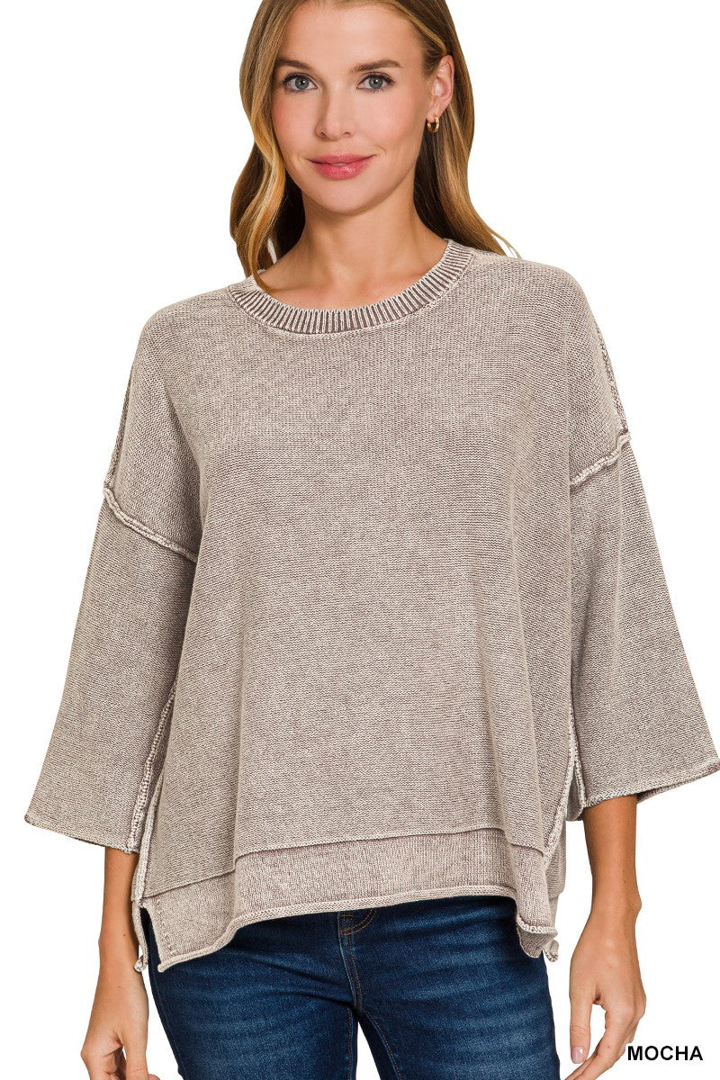 Cozy Fade Washed 3/4 Sleeve Relaxed Sweater