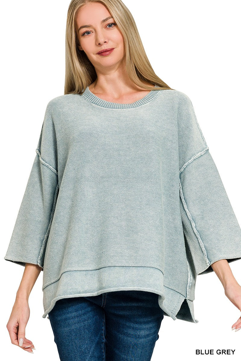 Blue Gray / S Cozy Fade Washed 3/4 Sleeve Relaxed Sweater - Madison and Mallory