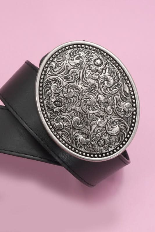 E - Floral Lariat Luxe Western Oval Buckle Fashion Leather Belt - Madison and Mallory