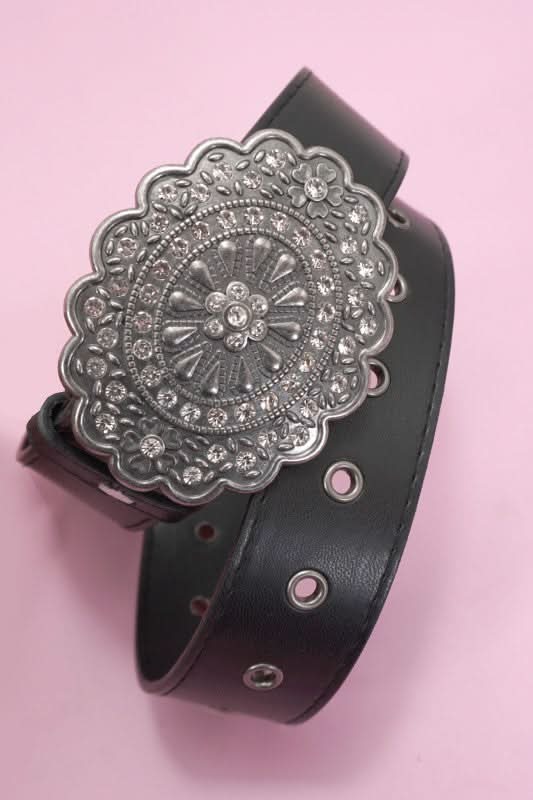 B - Floral Sparkle Lariat Luxe Western Oval Buckle Fashion Leather Belt - Madison and Mallory