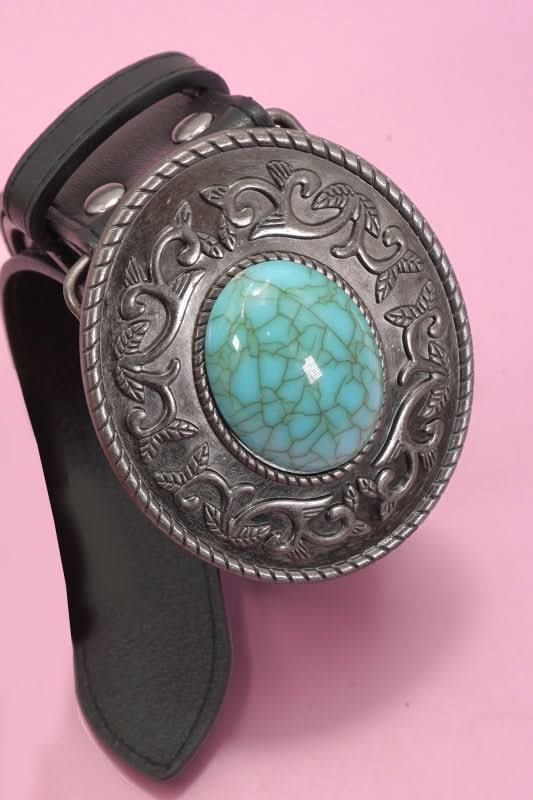 A - Oval Turquoise Lariat Luxe Western Oval Buckle Fashion Leather Belt - Madison and Mallory