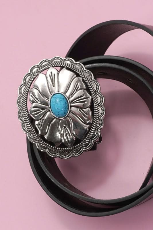 C - Floral Turquoise Lariat Luxe Western Oval Buckle Fashion Leather Belt - FINAL SALE - Madison and Mallory