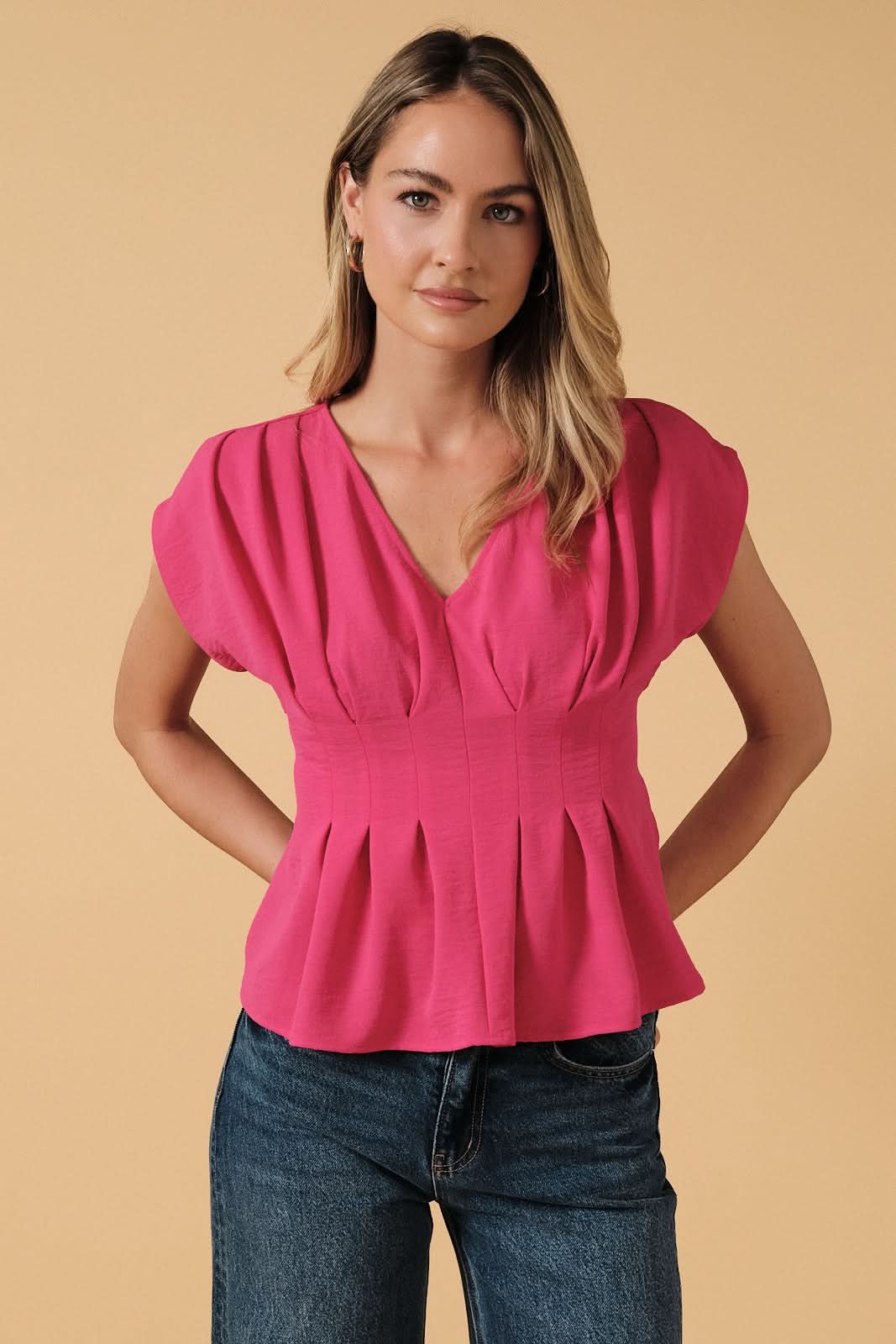 Soft Pleat V-Neck Smocked Top