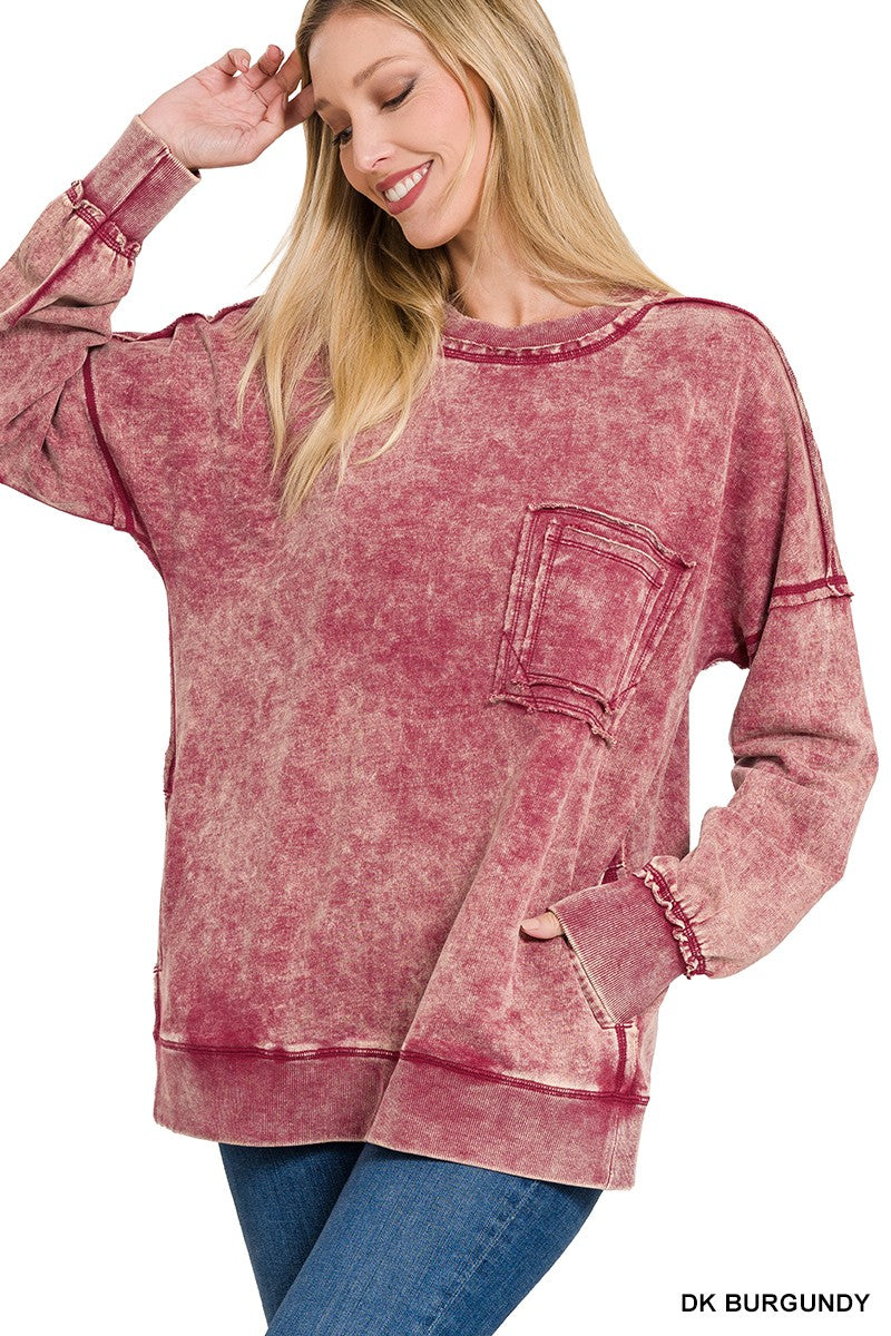 Daily Cozy Acid Wash Raw Edge Pullover - BACK IN STOCK