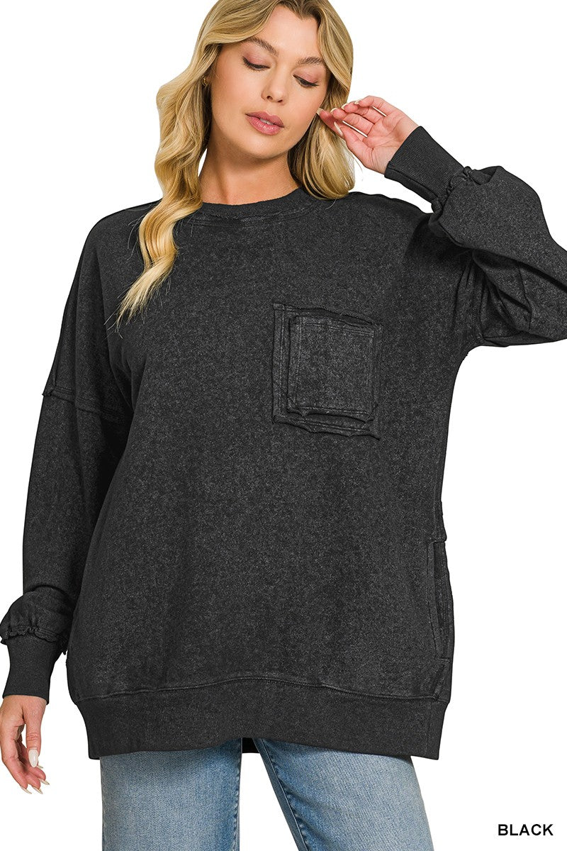 Daily Cozy Acid Wash Raw Edge Pullover - BACK IN STOCK