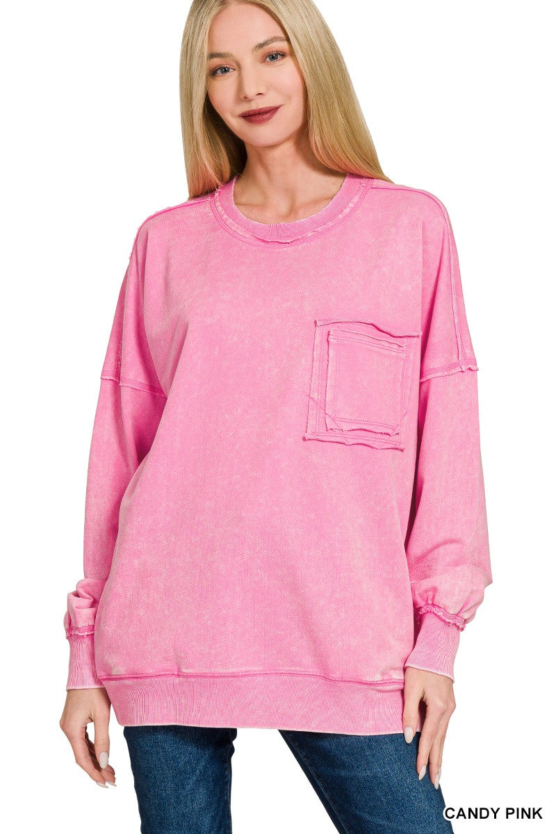 Daily Cozy Acid Wash Raw Edge Pullover - BACK IN STOCK
