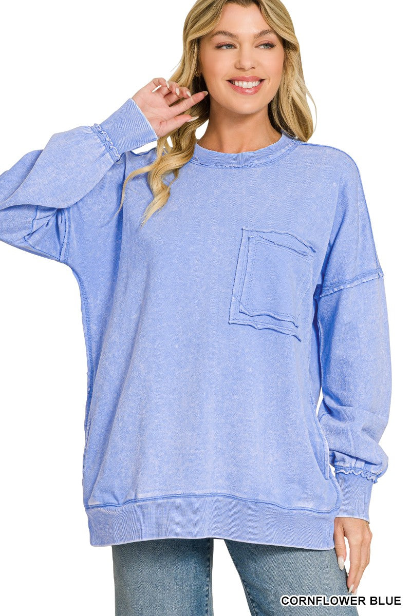 Daily Cozy Acid Wash Raw Edge Pullover - BACK IN STOCK
