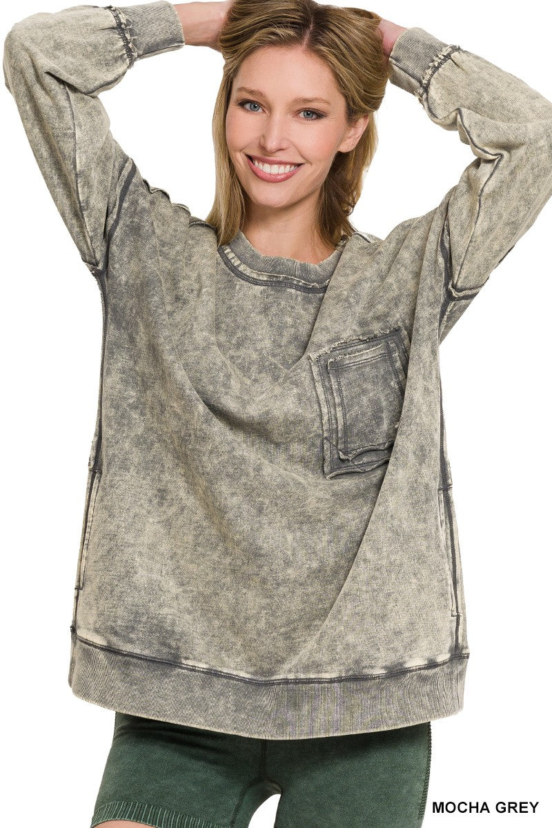 Daily Cozy Acid Wash Raw Edge Pullover - BACK IN STOCK
