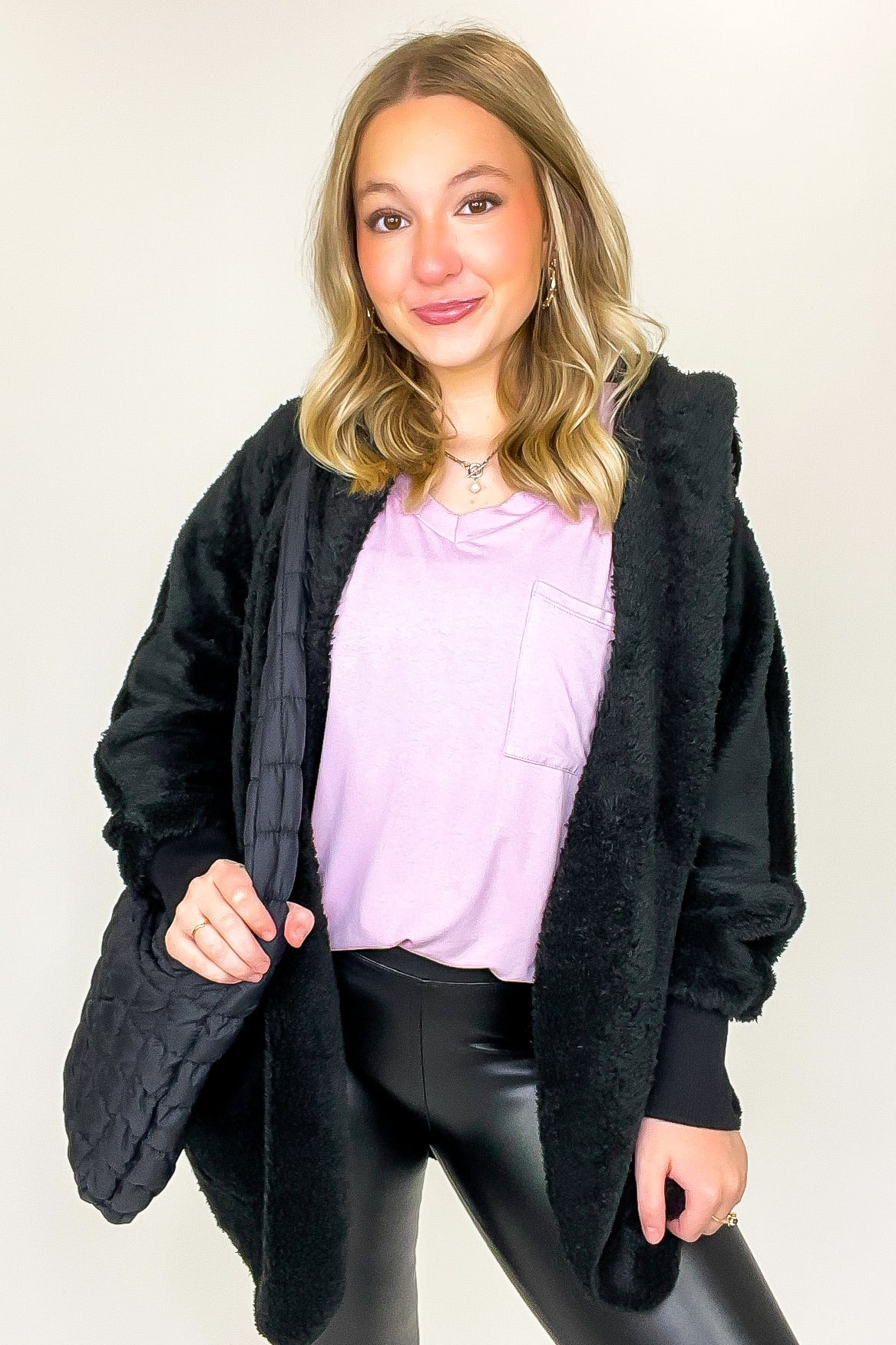 Black / SM Cozy Crest Hooded Faux Fur Jacket - Madison and Mallory
