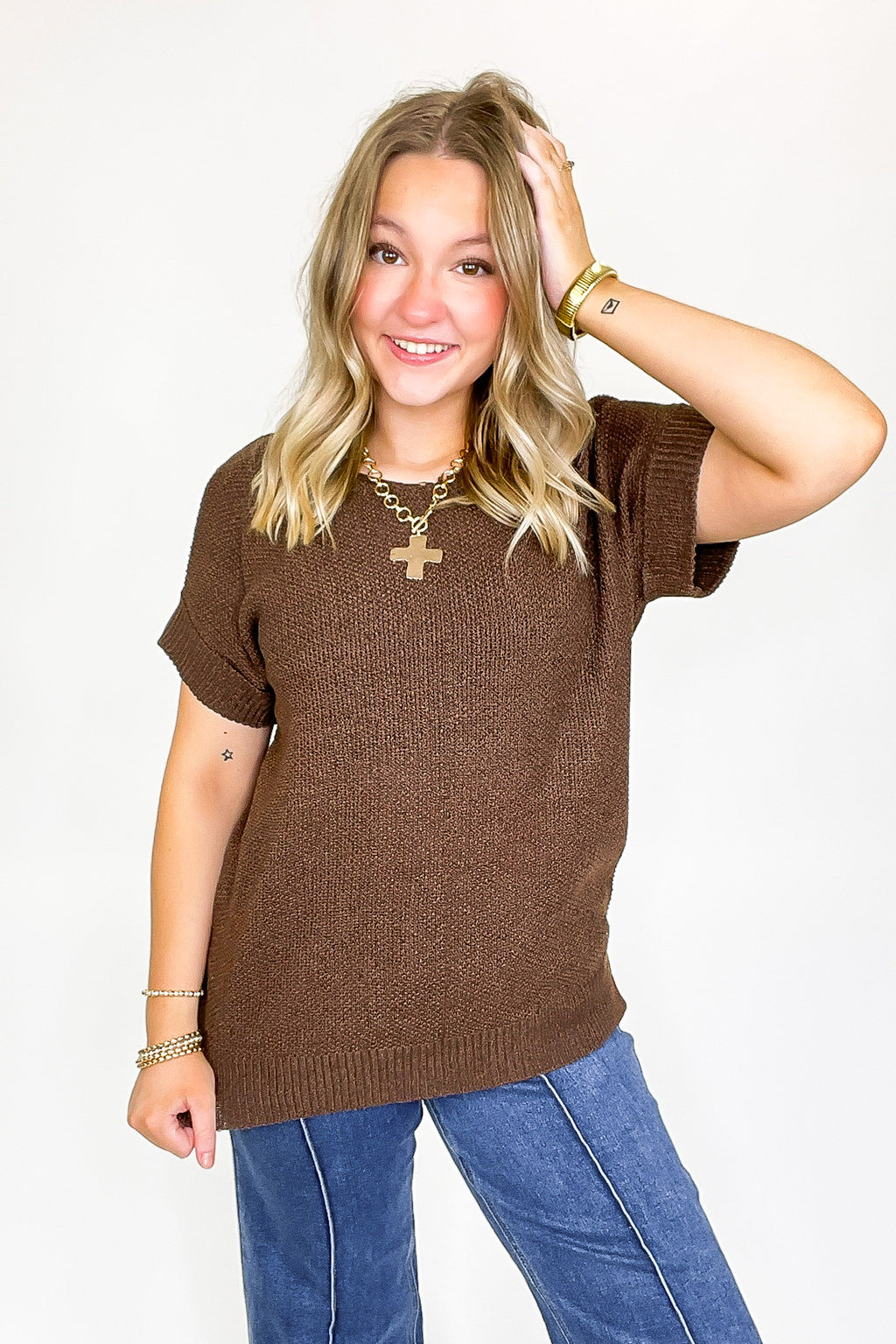 Brown / S Soft Form Short Sleeve Knit Top - BACK IN STOCK - Madison and Mallory